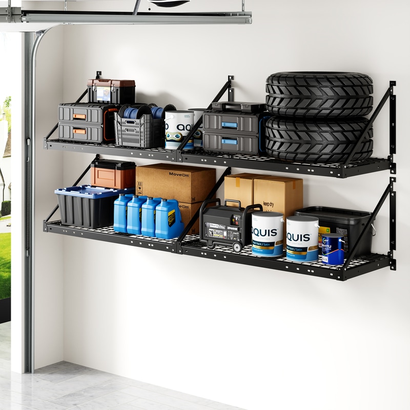 FLEXIMOUNTS 2-Pack 2x4ft Garage Wall Shelves, Heavy Duty Storage Rack, 660 lbs Capacity, Steel with Brace & Guardrail