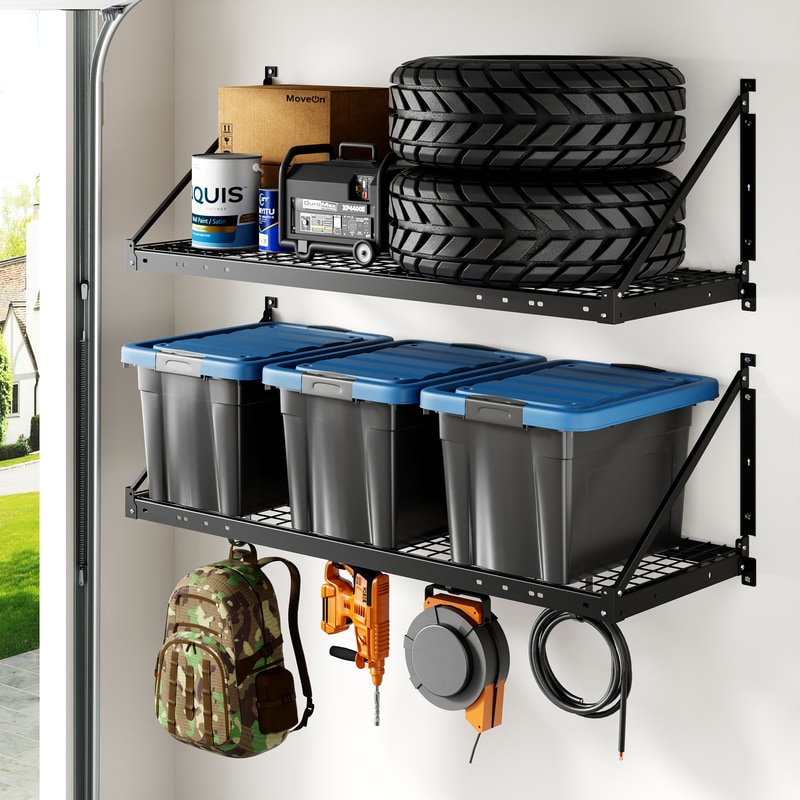 FLEXIMOUNTS 2-Pack 2x4ft Garage Wall Shelves with Hooks, Heavy Duty Storage Rack 660 lbs Capacity for Tools & Bins
