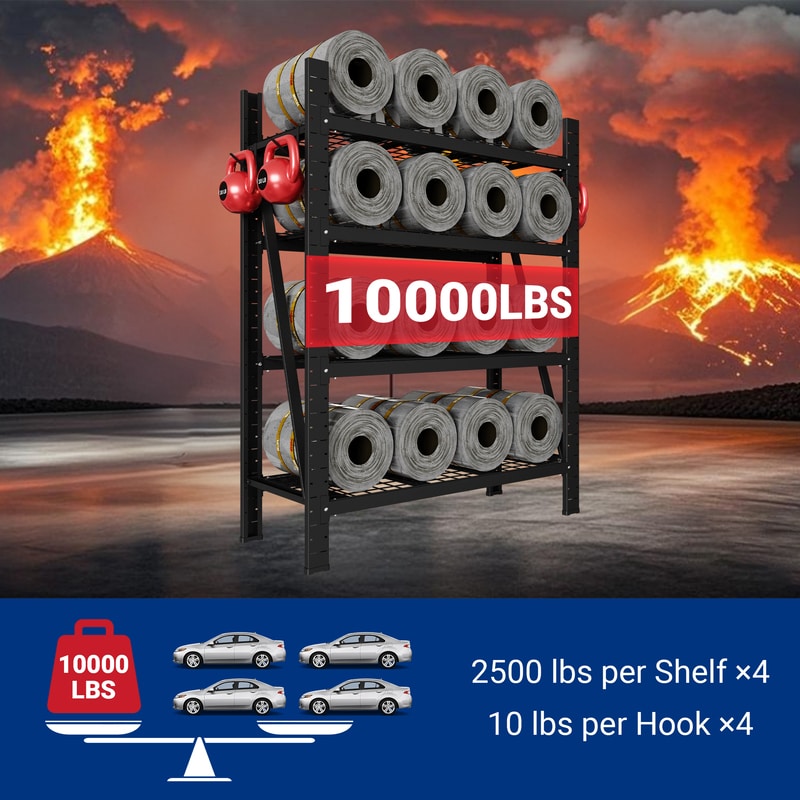 10,000 lbs Heavy Duty 4-Tier Metal Storage Shelving with Hooks, Adjustable Garage Rack for Tools, Bins & Equipment