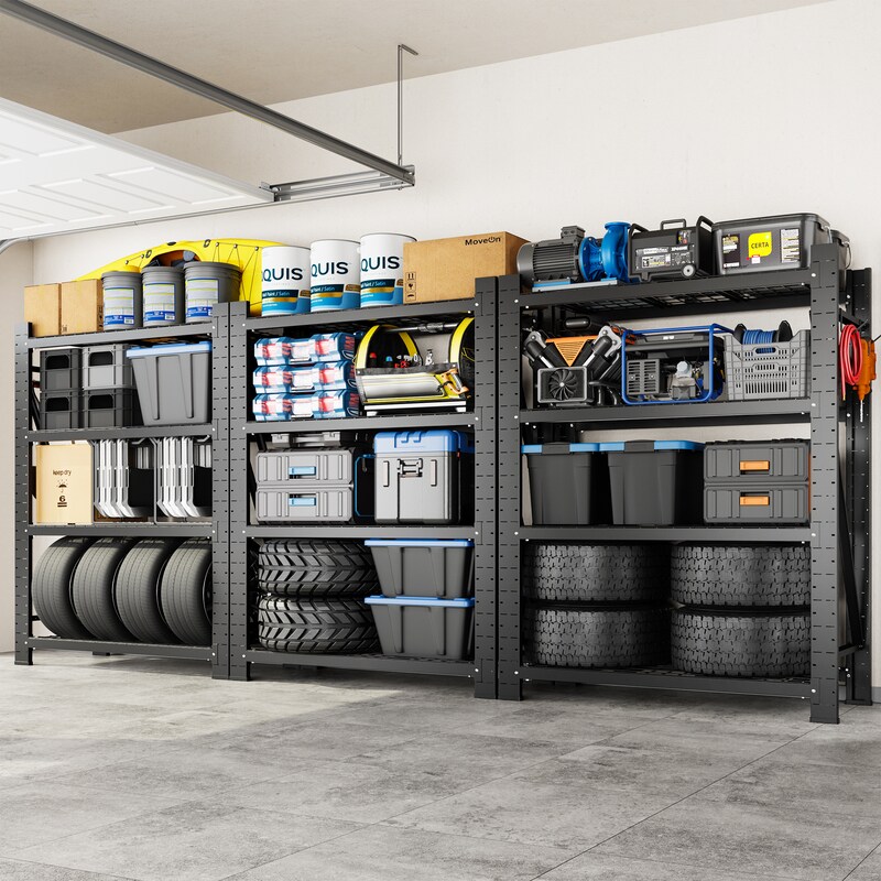 3-Pack Heavy Duty 4-Tier Garage Shelving with Hooks, 10,000 lbs Metal Storage Racks for Tools & Storage Bins