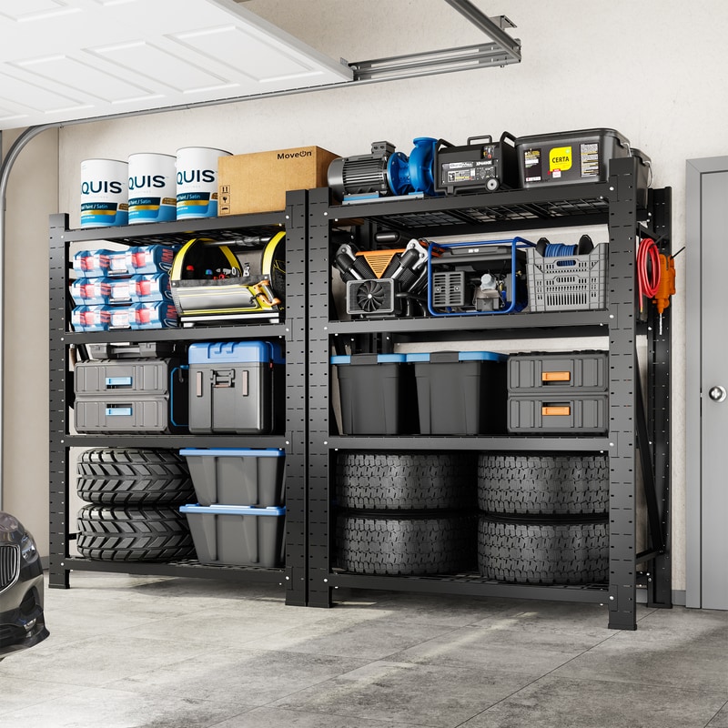Heavy Duty 4-Tier Garage Shelving with Hooks, 10,000 lbs Metal Storage Rack for Tools, Sports Gear & Household Items