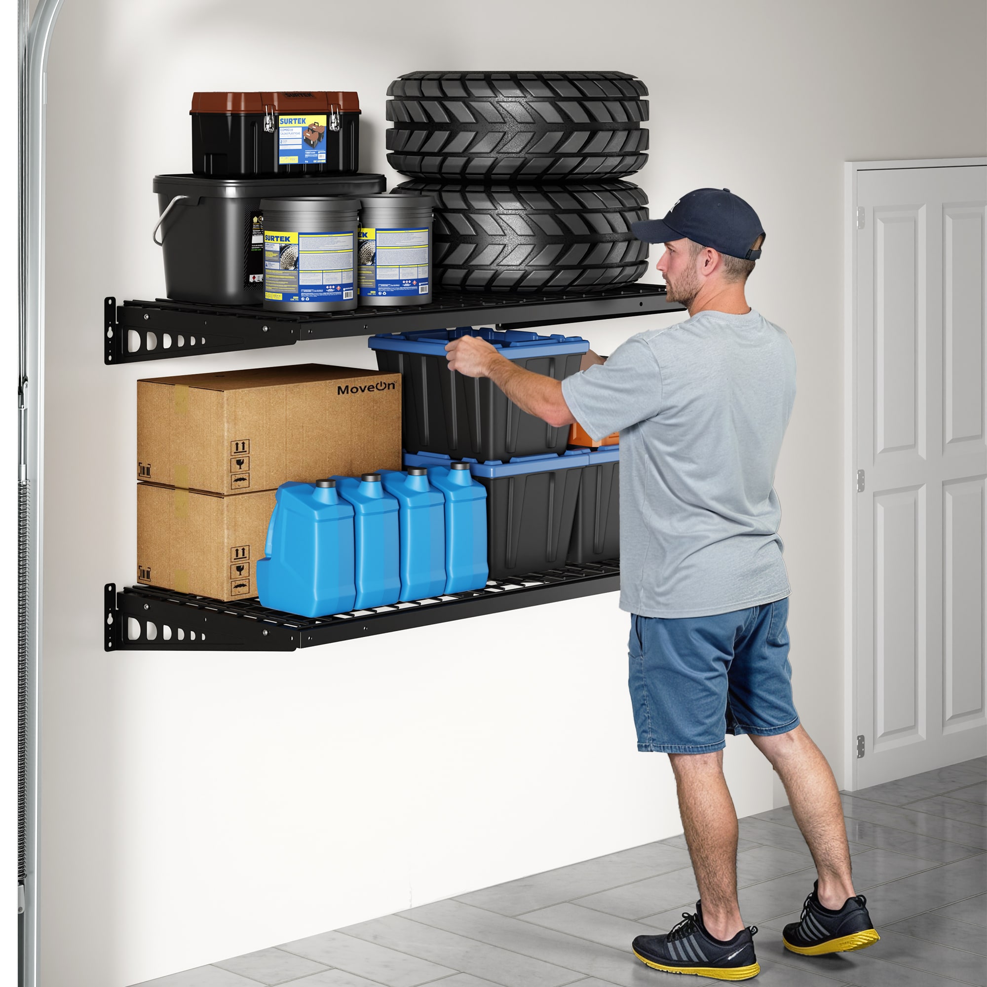 2-Pack 2x4ft Garage Wall Shelving, up to 440 lbs total, Heavy Duty Wall Mounted shelves for Garage Storage, Black Wall Shelf Garage Organization