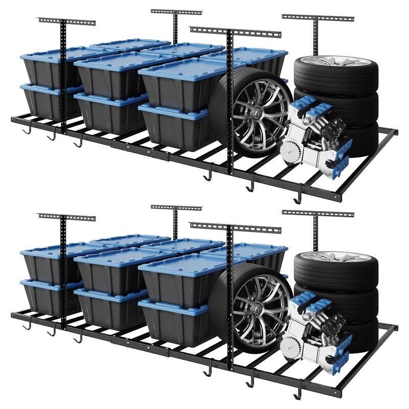 FLEXIMOUNTS Overhead Garage Storage Rack 4'x8' 750LBS Adjustable Ceiling Mount with 6 Hooks Black Steel,2 pack
