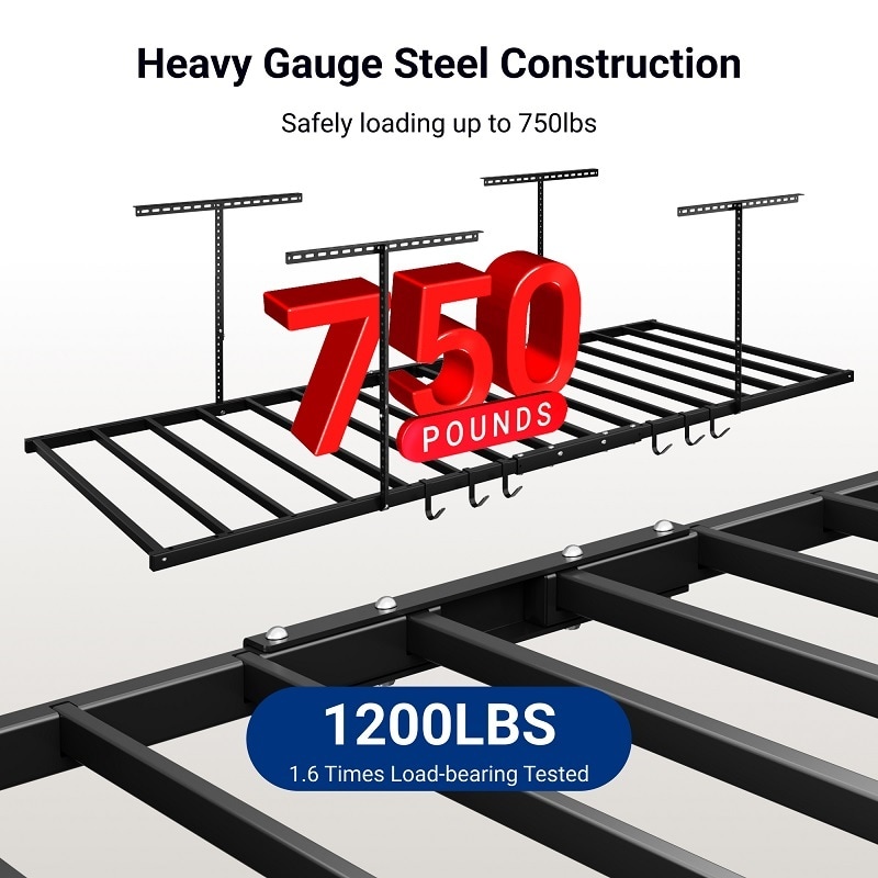 FLEXIMOUNTS Overhead Garage Storage Rack 4'x8' 750LBS Adjustable Ceiling Mount with 6 Hooks White Steel,2 pack