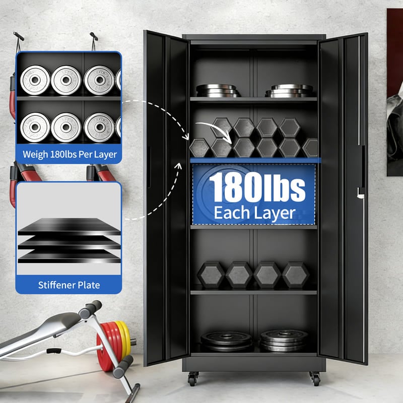 FLEXIMOUNTS 74" Garage Storage Cabinet with wheels Black Steel Lockable File Cabinet for Office,Home,Garage