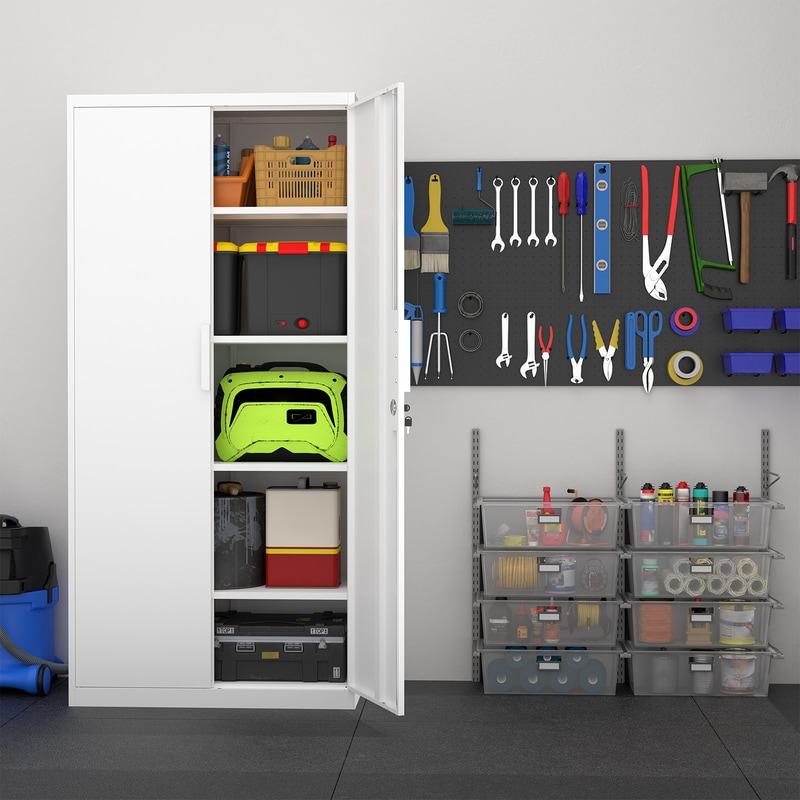 FLEXIMOUNTS Metal Garage Storage Cabinet, Black Lockable Storage Cabinet with Doors and 4 Adjustable Shelves,White