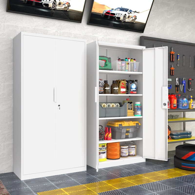 FLEXIMOUNTS Locking Metal Storage Cabinet£¬Tall Garage Cabinets for Home,Office,Classroom,Assembly Required ,White
