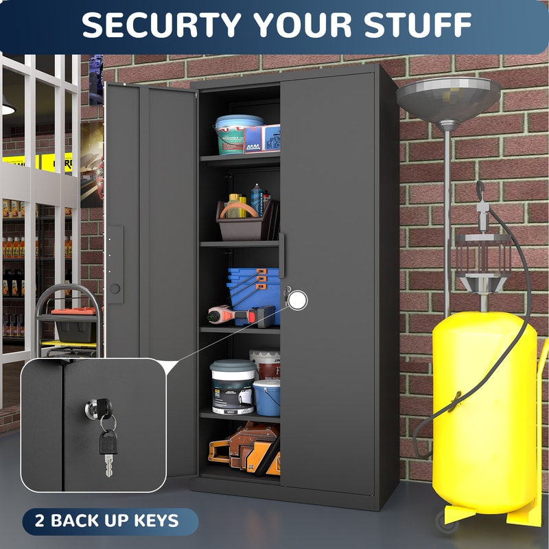 FLEXIMOUNTS Metal Garage Storage Cabinet, Black Lockable Storage Cabinet with Doors and 4 Adjustable Shelves,Black