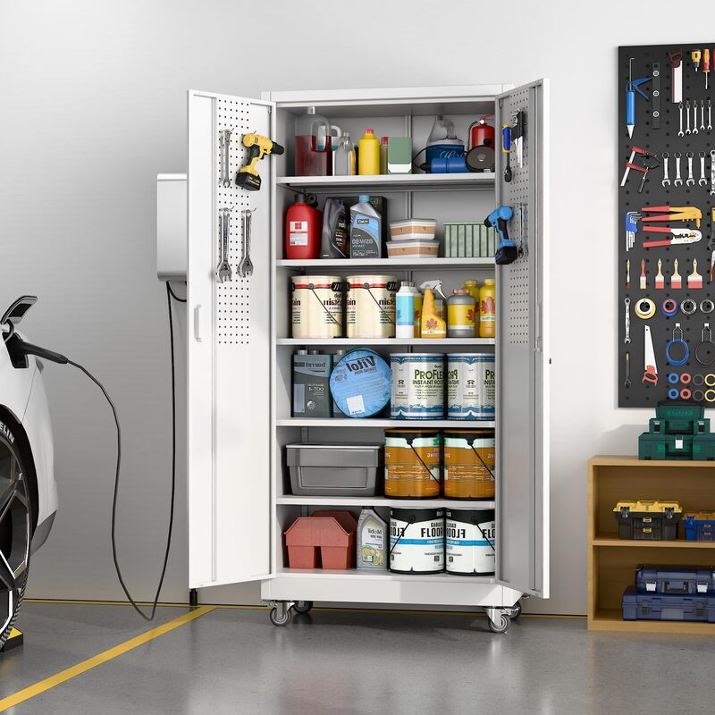FLEXIMOUNTS SC1B-WP Storage Cabinet with Locking Door,Pegboards,5 Adjustable Shelves,Optional Heavy-Duty Wheels,White