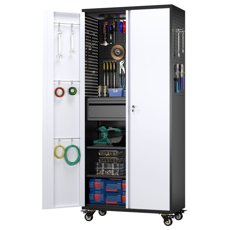 FLEXIMOUNTS Premium Metal Garage Storage Cabinet with Drawers and Pegboards