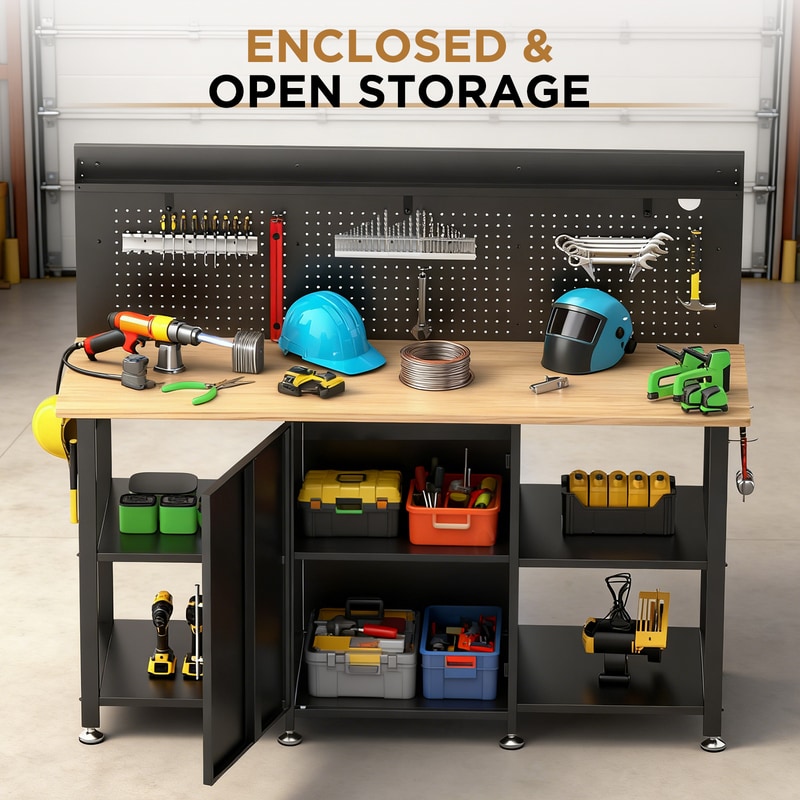 FLEXIMOUNTS Heavy Duty Workbench with Storage Cabinet & Pegboard ¡ª 60" Wood Top, Power Outlet, 2000 lb Capacity