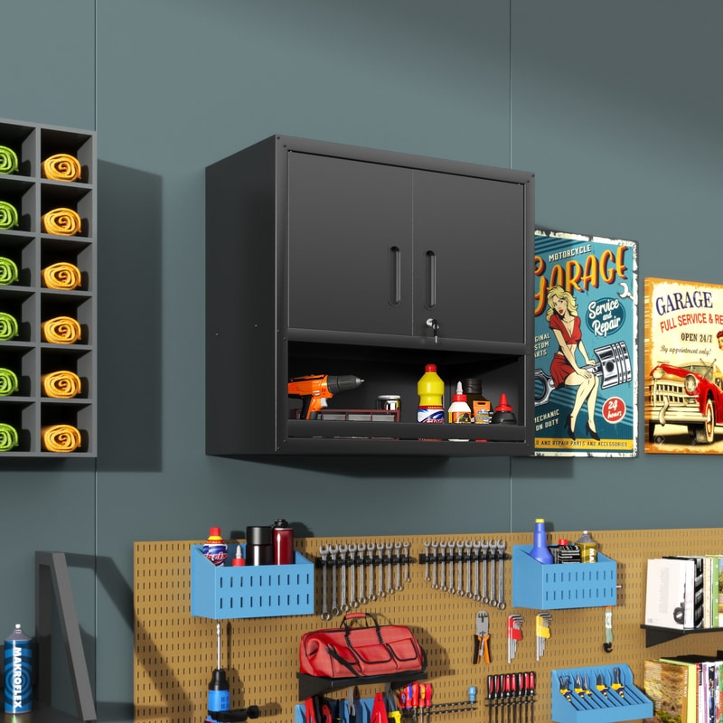 Metal Wall-Mounted Tool Storage Cabinet with Locking Door and 1 Shelf 1 Opened Drawer for Garage Warehouse,Office,Assembly Required