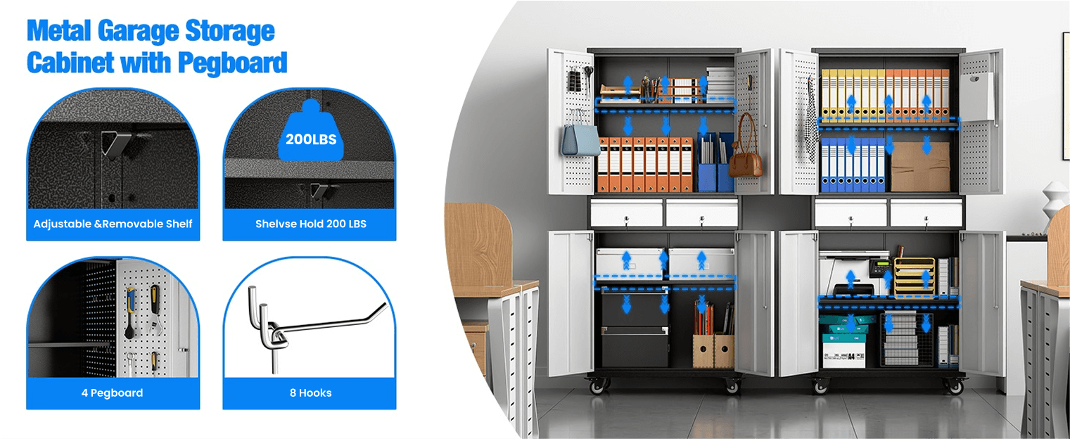 Premium Metal Garage Storage Cabinet with Drawers and Pegboards