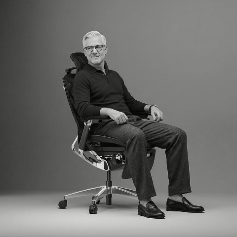 An old man sitting on the ergonomic chair Apollo