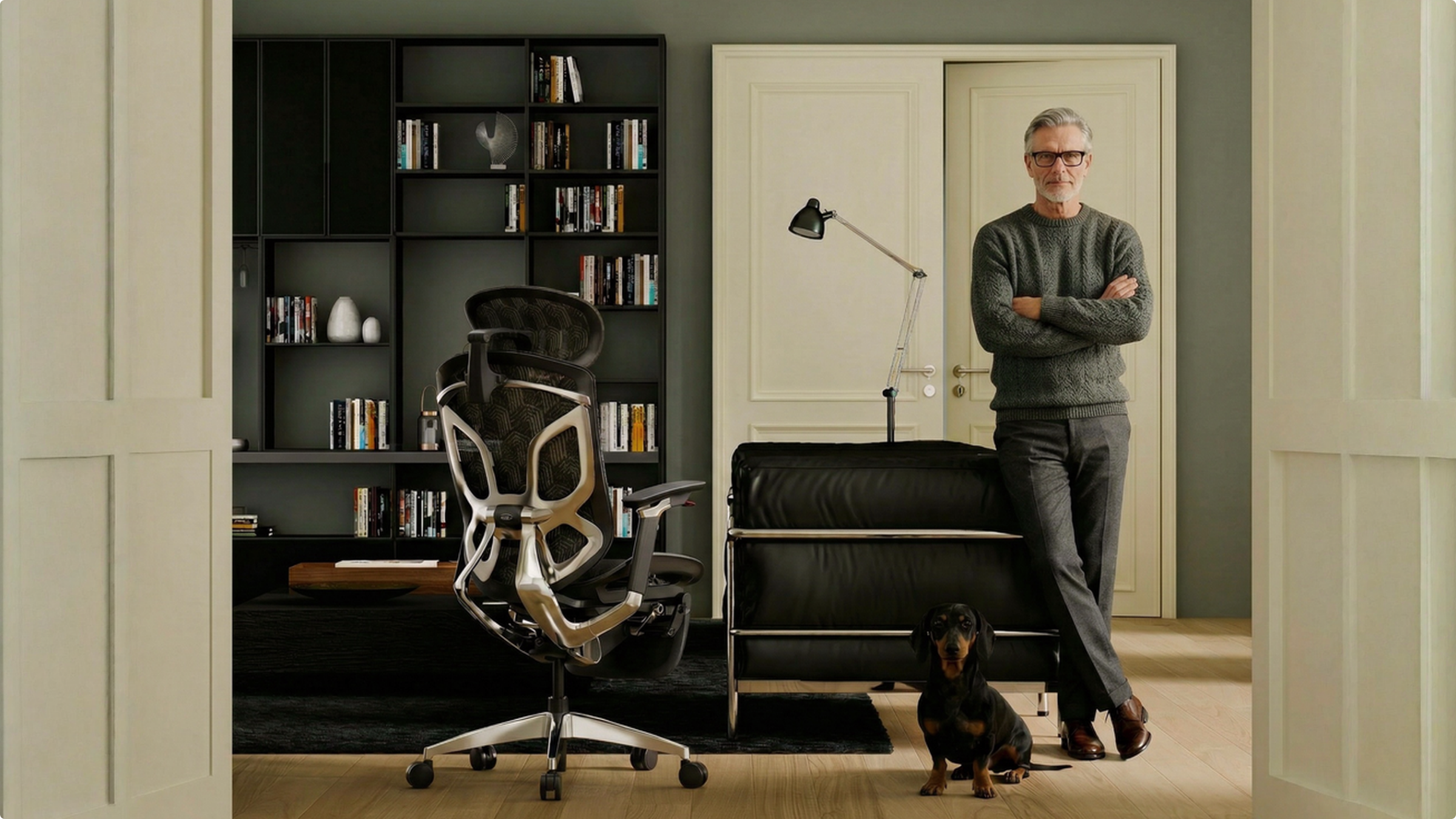 A man standing beside the Apollo chair