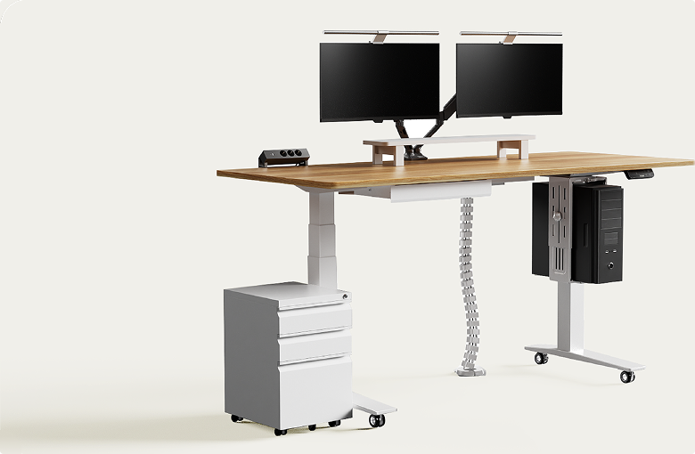 Standing desk with various accessories